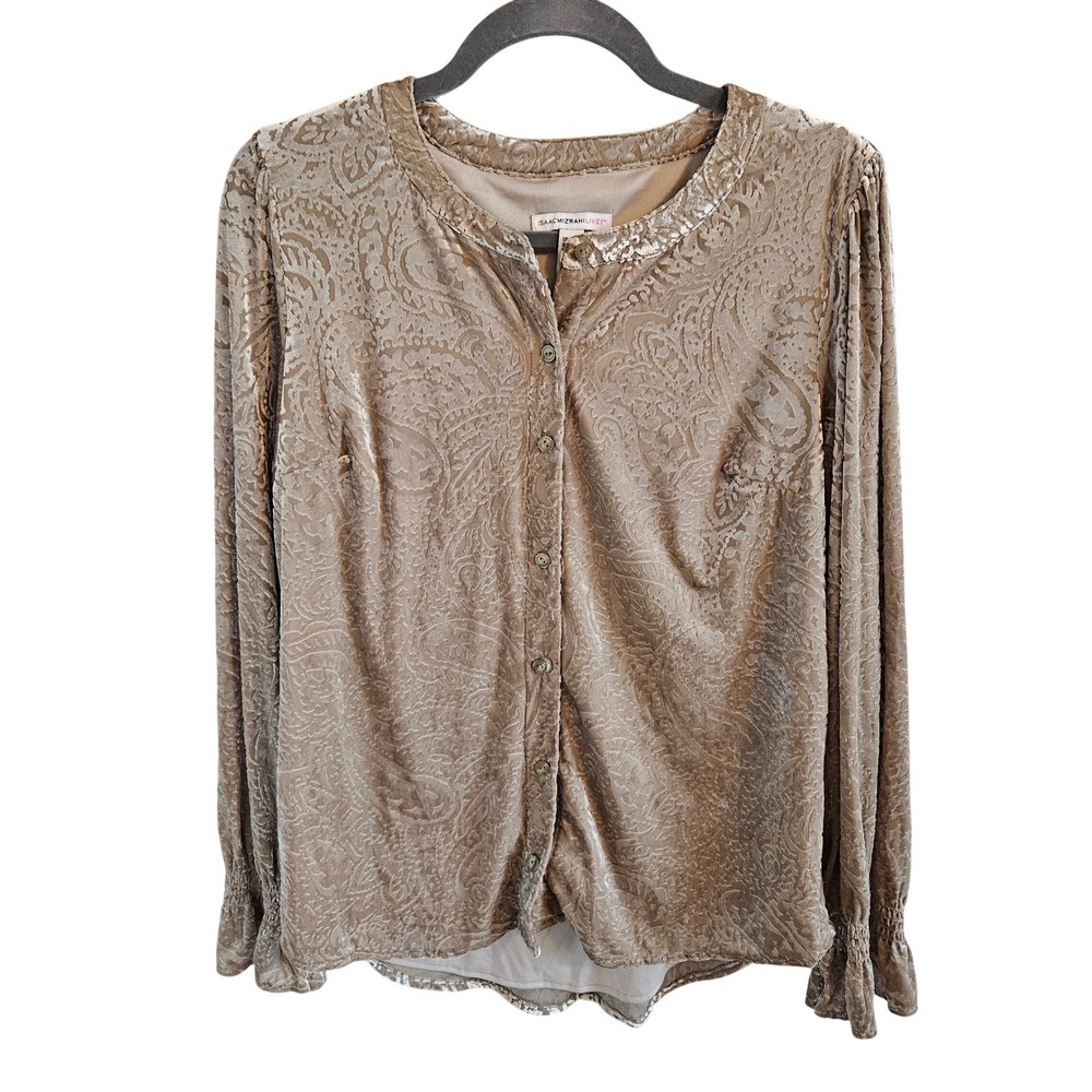 Isaac Mizrahi Live! Burnout Velvet Paisley Button Front Blouse Taupe Size 10